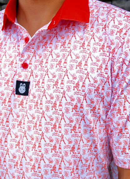 Alternate front angle of The South Philly Sandlot golf polo by Foresome Golf Co. showing collar and button detail.