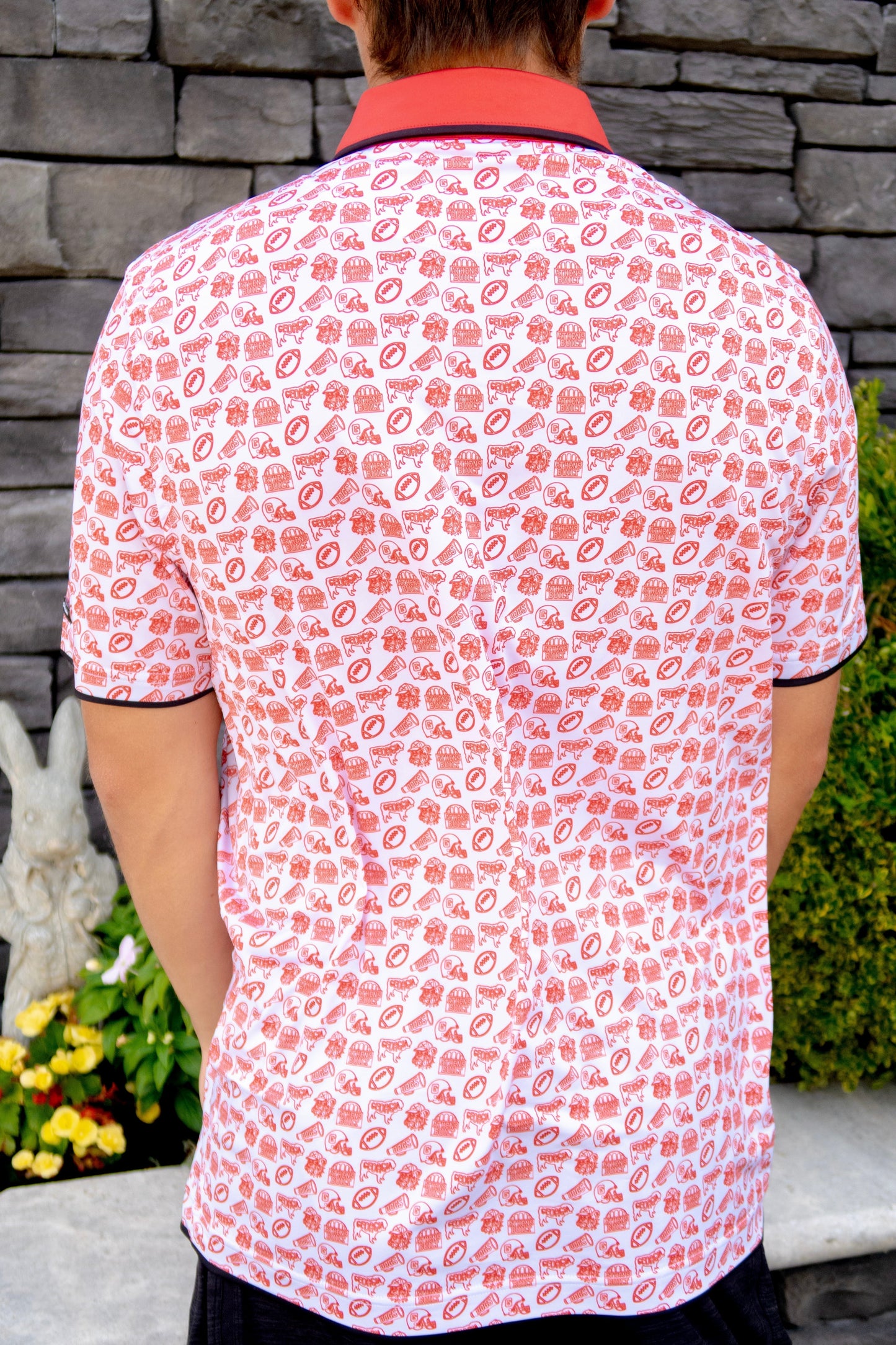 Back view of the Saturdays in Athens Georgia inspired men’s golf polo by Foresome Golf Co. showing full design.