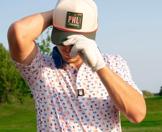Front view of The Philly Phrenetic Philadelphia golf polo by Foresome Golf Co.