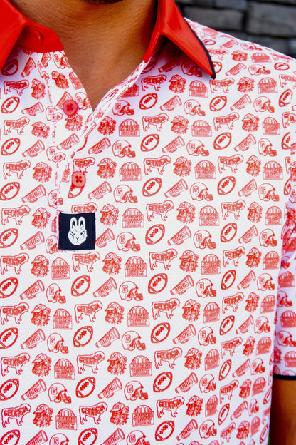 Close-up of the Saturdays in Athens Georgia inspired golf polo by Foresome Golf Co. showing fabric and logo.