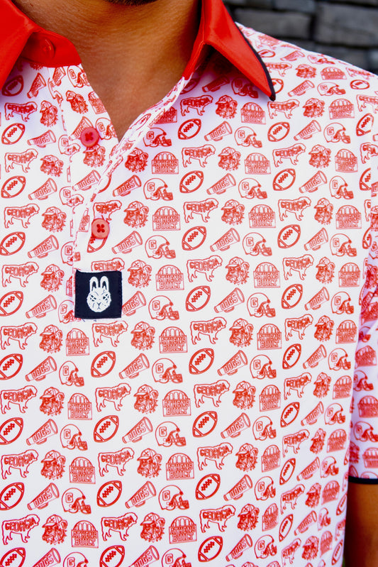 Close-up of the Saturdays in Athens Georgia inspired golf polo by Foresome Golf Co. showing fabric and logo.