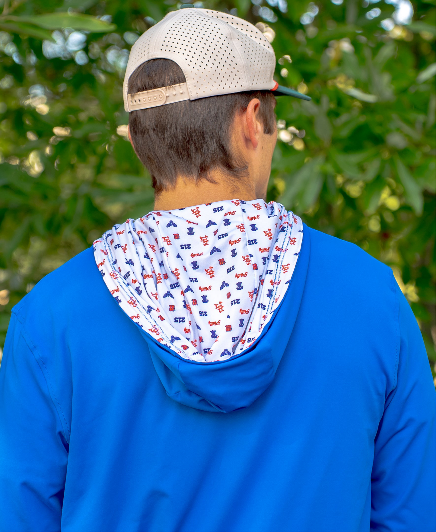 Close-up of back design on the Philly Phrenetic After Hours Philadelphia golf hoodie by Foresome Golf Co., hood down