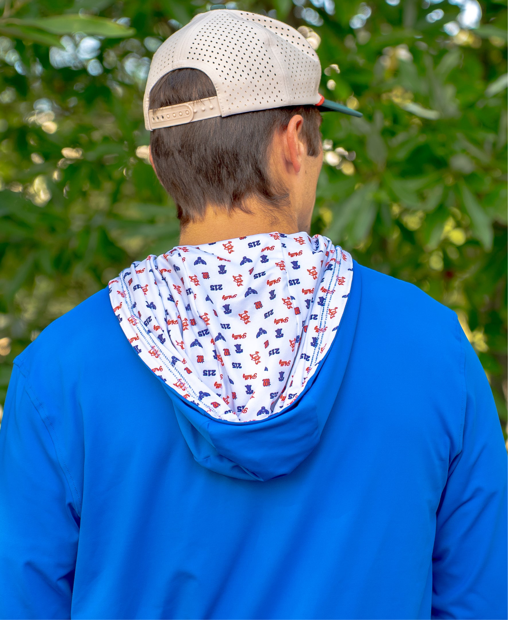 Close-up of back design on the Philly Phrenetic After Hours Philadelphia golf hoodie by Foresome Golf Co., hood down