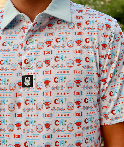 Close-up of the Second City Swing Chicago inspired men’s golf polo by Foresome Golf Co. showing logo and fabric.