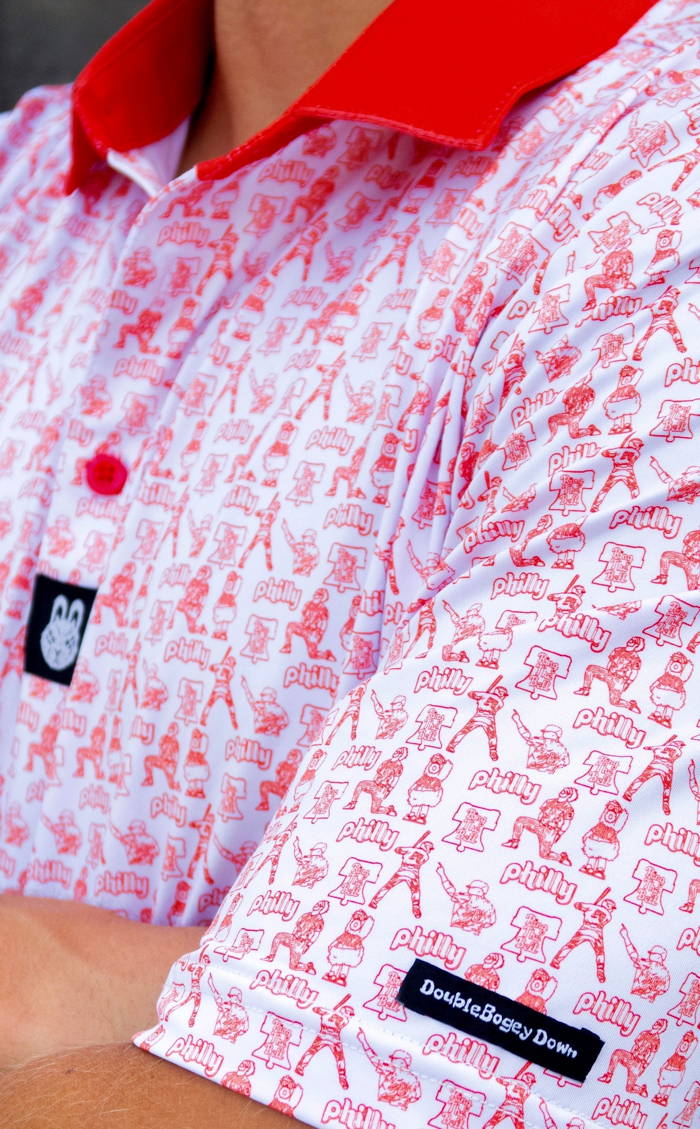 Side view of The South Philly Sandlot Philly baseball golf polo by Foresome Golf Co. showing athletic fit.