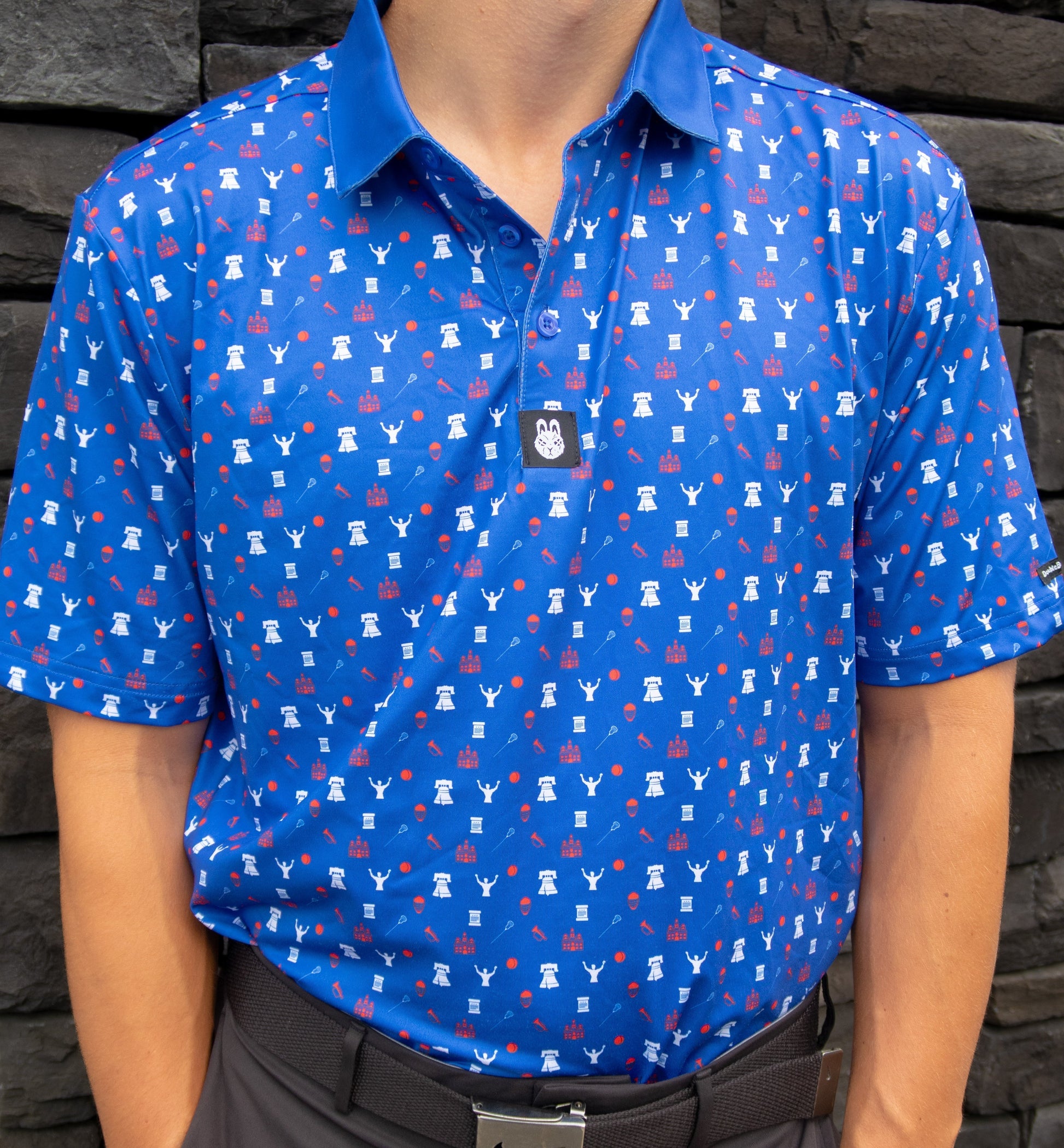 Front view of The Philly Jawn Philly golf polo by Foresome Golf Co.