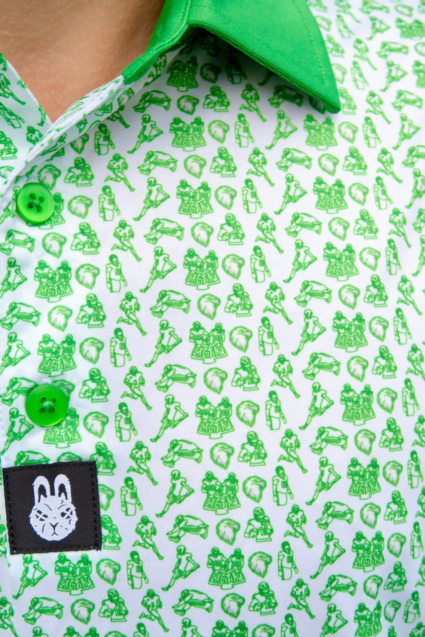 Close-up of the Birds & Bogeys Philadelphia golf polo by Foresome Golf Co. showing fabric texture and logo.