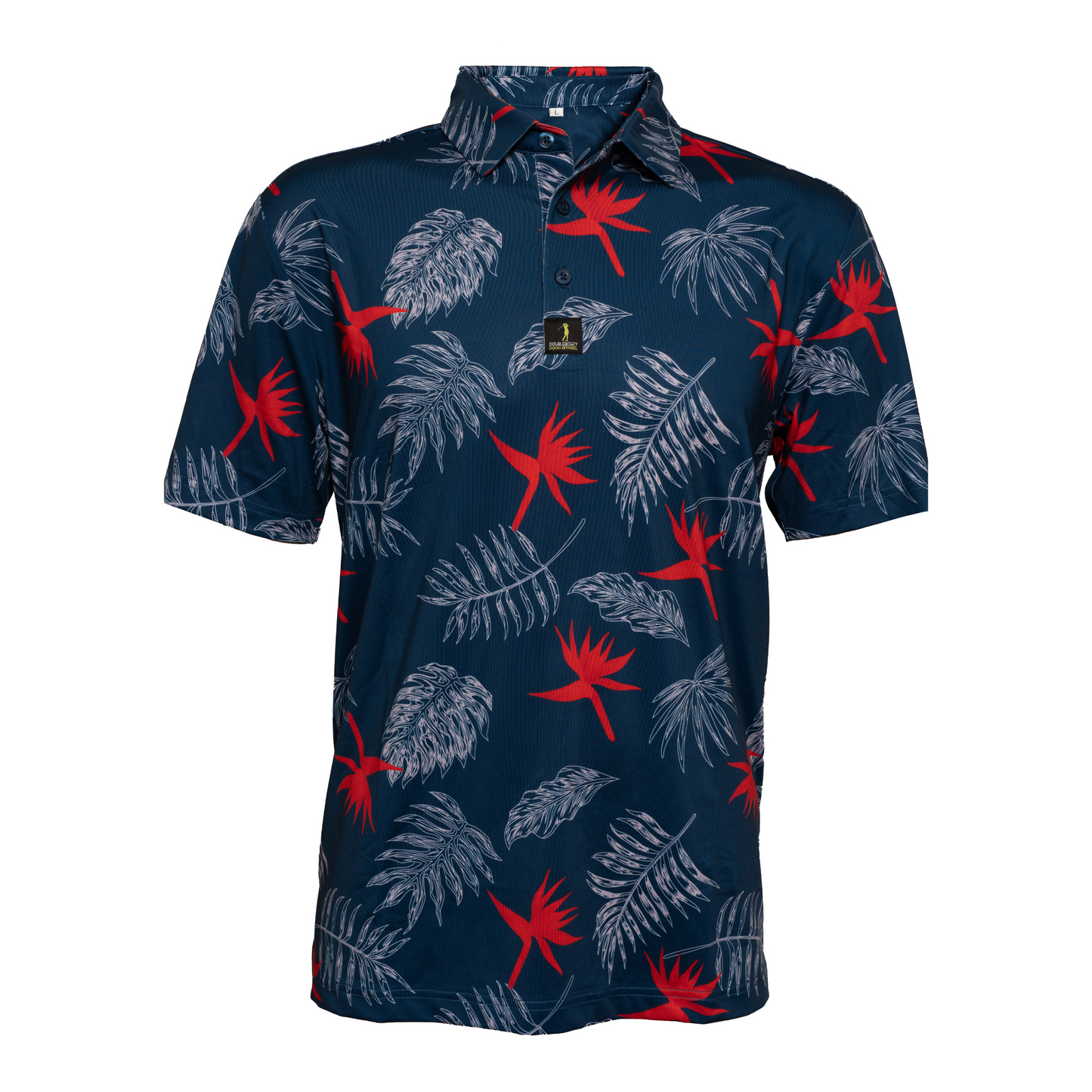 Front view of Bahama Mama men’s golf polo – tropical floral design with a relaxed fit and breathable fabric, perfect for sunny days on the course.