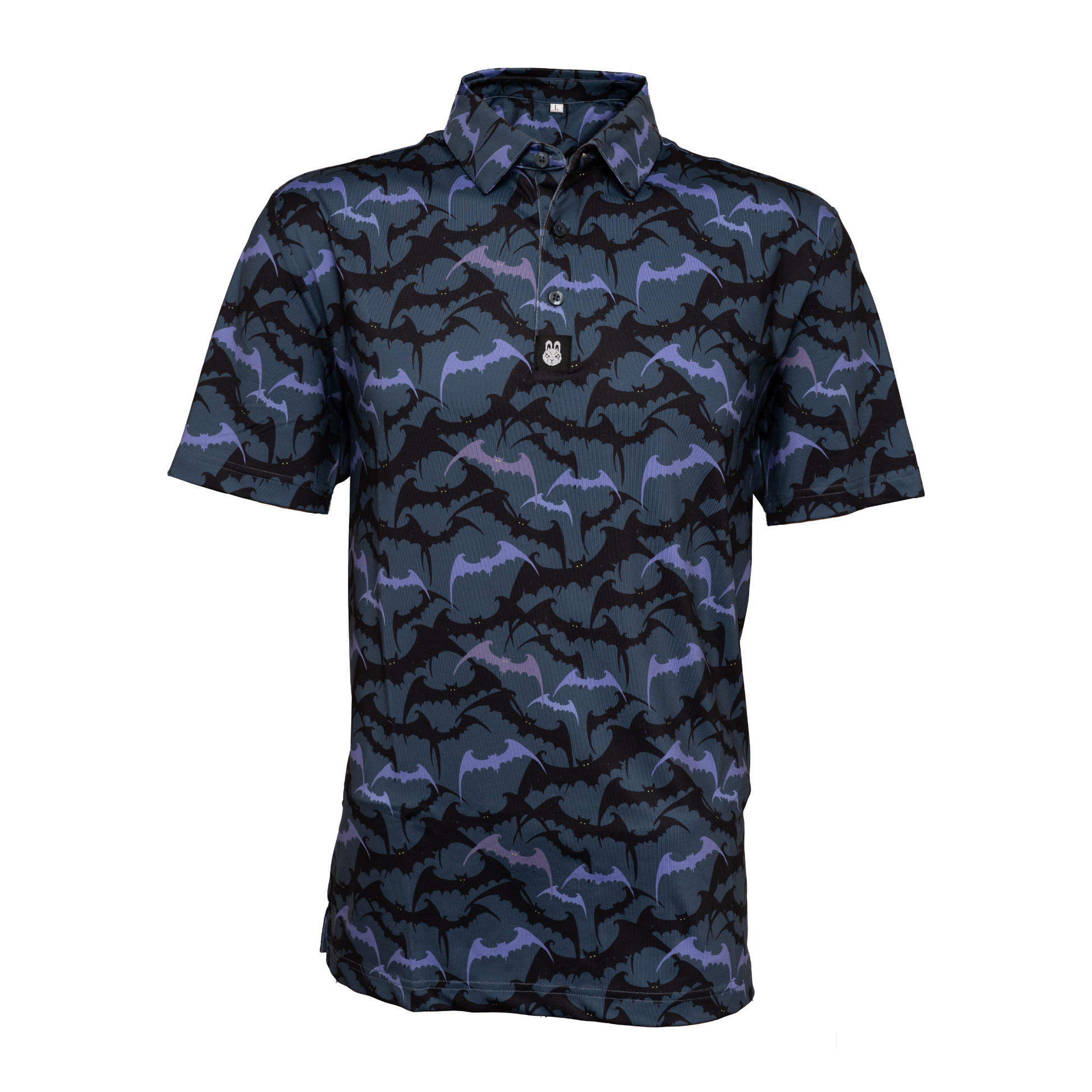 Front view of Batman men’s golf polo – sleek, dark design with subtle detailing and a tailored fit for bold, performance-ready golf style.