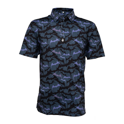 Front view of Batman men’s golf polo – sleek, dark design with subtle detailing and a tailored fit for bold, performance-ready golf style.