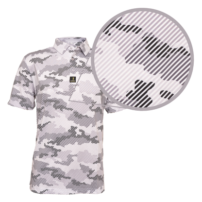 Close-up of Operation Birdie golf polo fabric – lightweight, high-performance material with camo print for a stylish and functional golf shirt.
