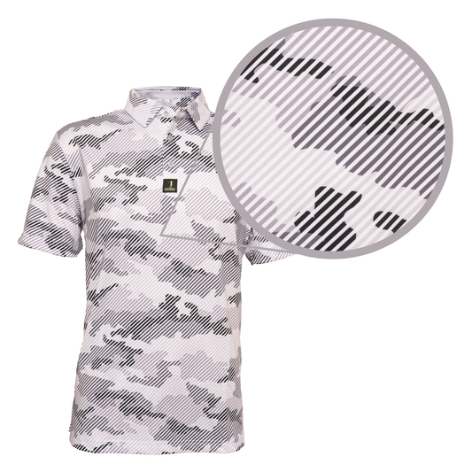 Close-up of Operation Birdie golf polo fabric – lightweight, high-performance material with camo print for a stylish and functional golf shirt.