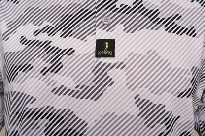 Close-up of Operation Birdie men’s camo polo design – unique camo pattern blending fashion and function for a standout look on the course.