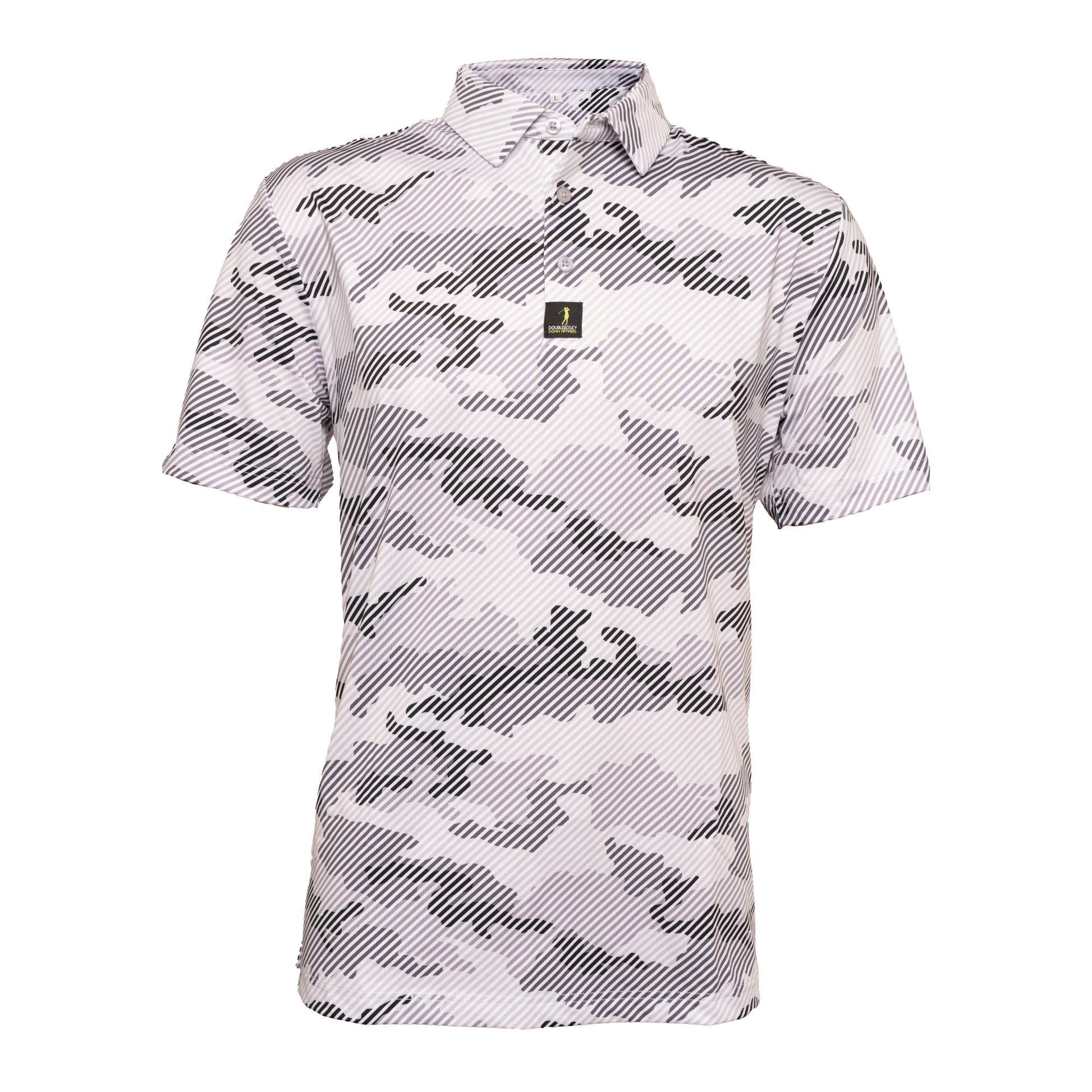 Front view of Operation Birdie men’s camo golf polo – stylish, breathable fabric designed for comfort and performance on the golf course with a fun tactical print.