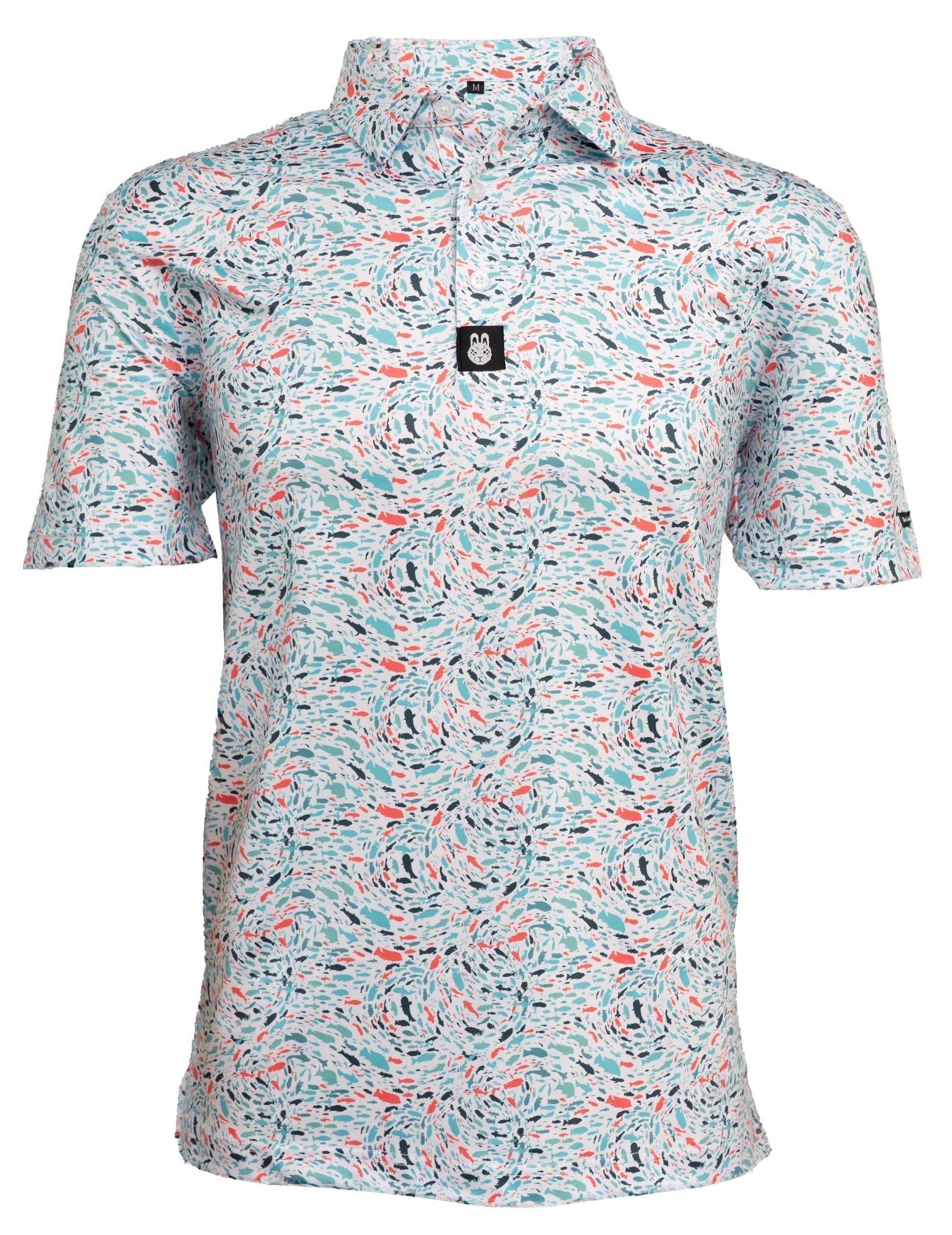 Front view of Fish 'n' Chips fish-themed golf polo for men, featuring playful aquatic print, button-up collar, and athletic fit.