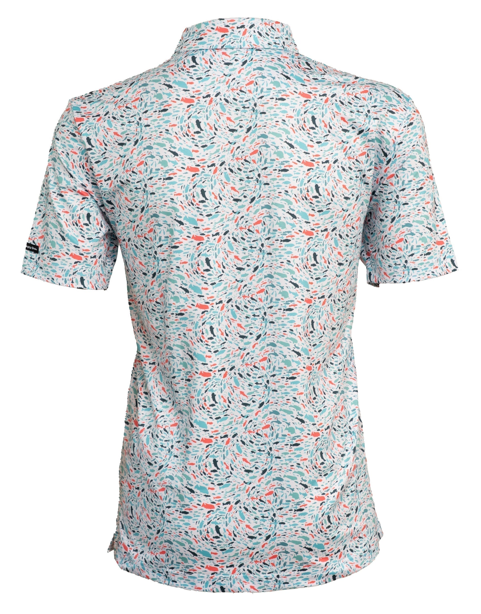 Back of Fish 'n' Chips men’s golf polo showcasing full fish-themed design, breathable fabric, and lightweight performance fit.