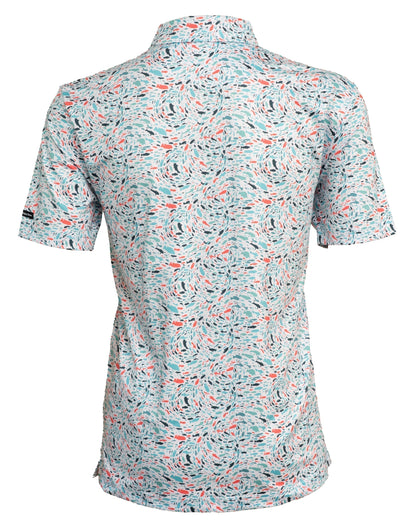 Back of Fish 'n' Chips men’s golf polo showcasing full fish-themed design, breathable fabric, and lightweight performance fit.