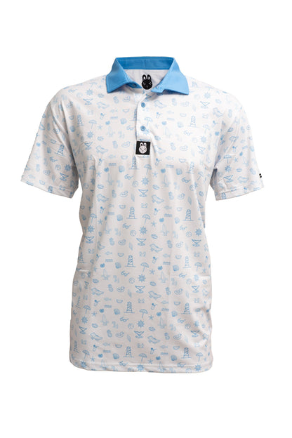 Front view of Fore-Shore Vibes men's beach-themed golf polo with vibrant coastal design and tailored fit