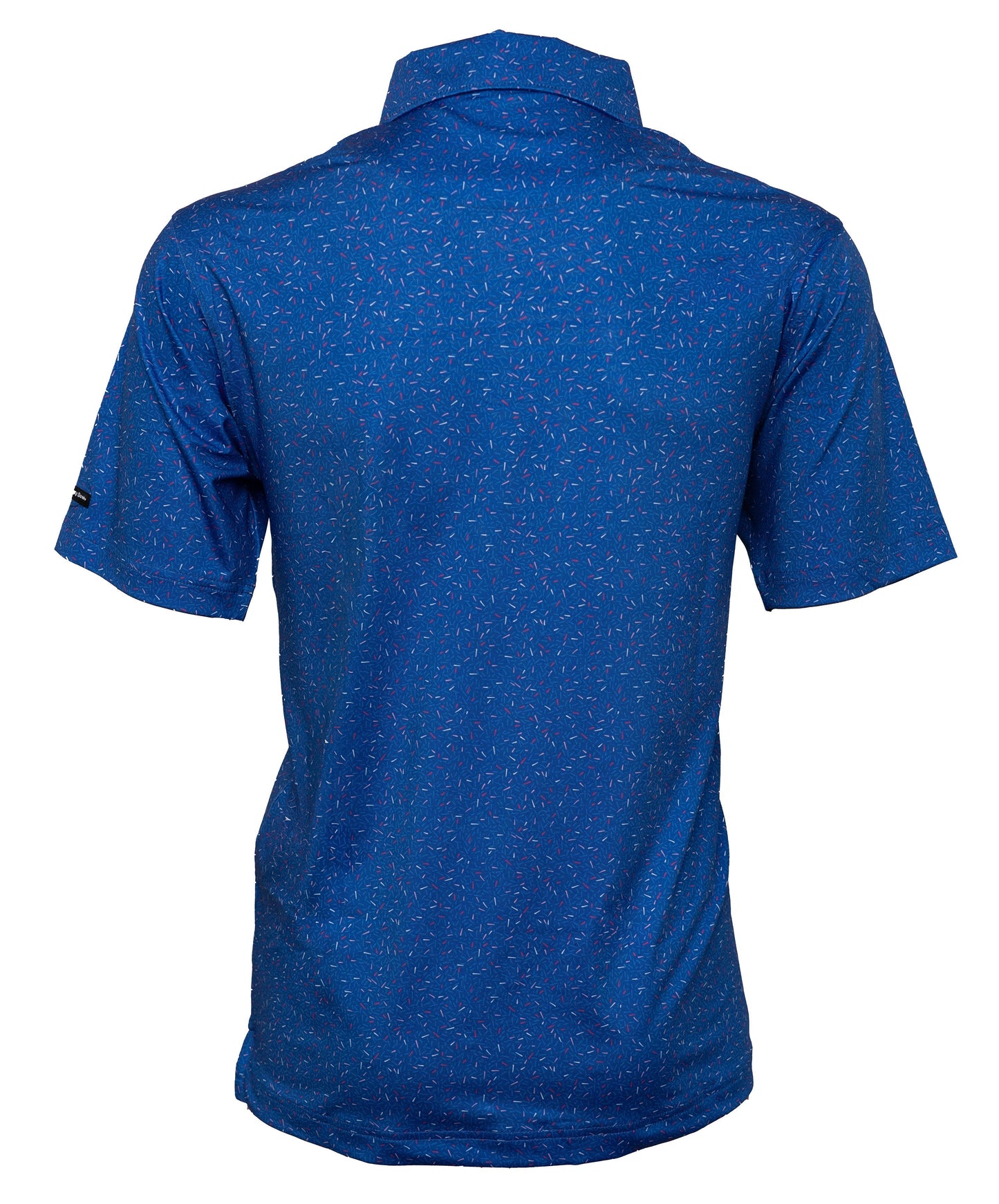 Back view of The Big Bang Golf Polo, showcasing the full firecracker print and breathable fabric for ultimate comfort and style on the course.