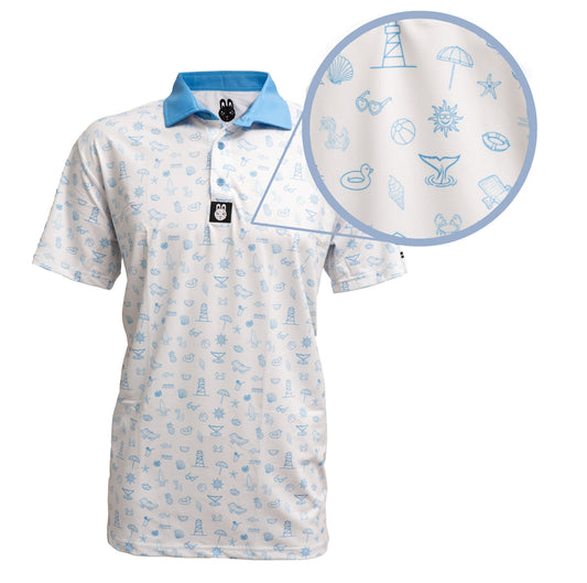 Close-up of Fore-Shore Vibes polo fabric highlighting lightweight, breathable texture and detailed stitching