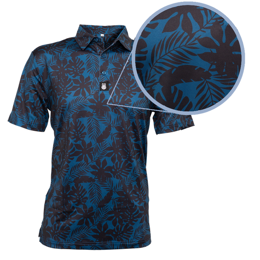 Close-up of the fabric texture on The Villages golf polo, showcasing its soft, moisture-wicking material that ensures comfort and performance on the course.