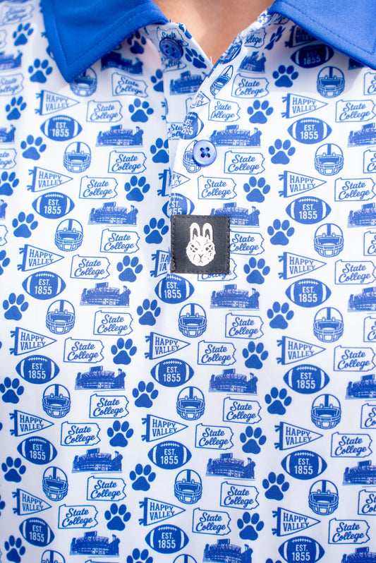 Close-up of the Saturdays in Happy Valley Penn State inspired golf polo by Foresome Golf Co. showing fabric and logo.