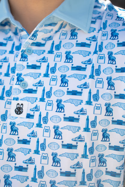 Close-up of the Chapel Hill Hangtime UNC men’s golf polo showing Carolina blue detailing by Foresome Golf Co.