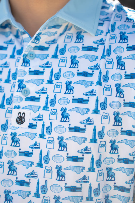 Close-up of the Chapel Hill Hangtime UNC men’s golf polo showing Carolina blue detailing by Foresome Golf Co.