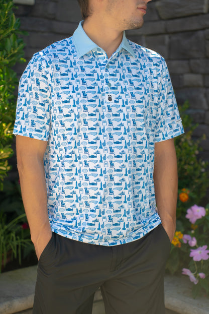 Front view of the Chapel Hill Hangtime UNC-inspired men’s golf polo by Foresome Golf Co.
