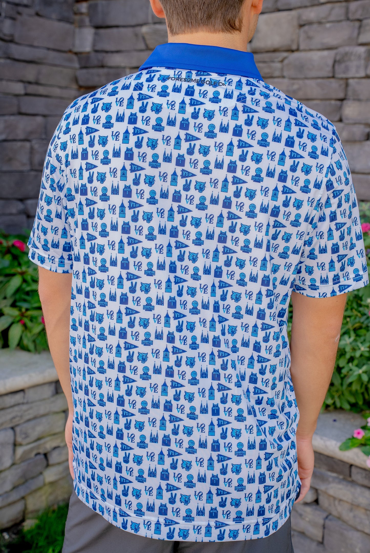 Back view of the Main Line Madness Villanova basketball golf polo by Foresome Golf Co. showing full design and fit.