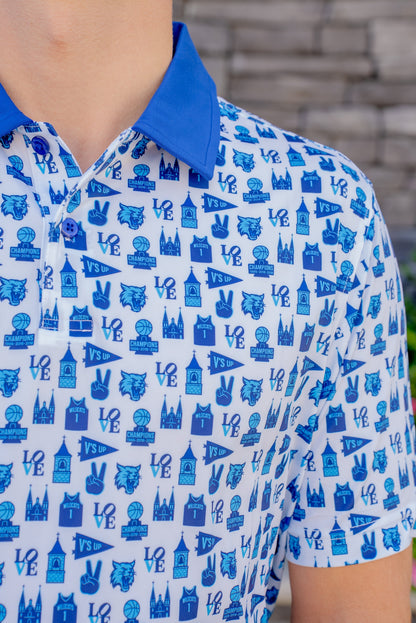 Close-up of the Main Line Madness Villanova basketball golf polo showing fabric detail and logo by Foresome Golf Co.