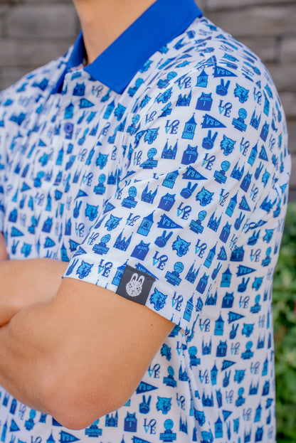 Side angle of the Main Line Madness Villanova basketball golf polo featuring stretch fit design by Foresome Golf Co.