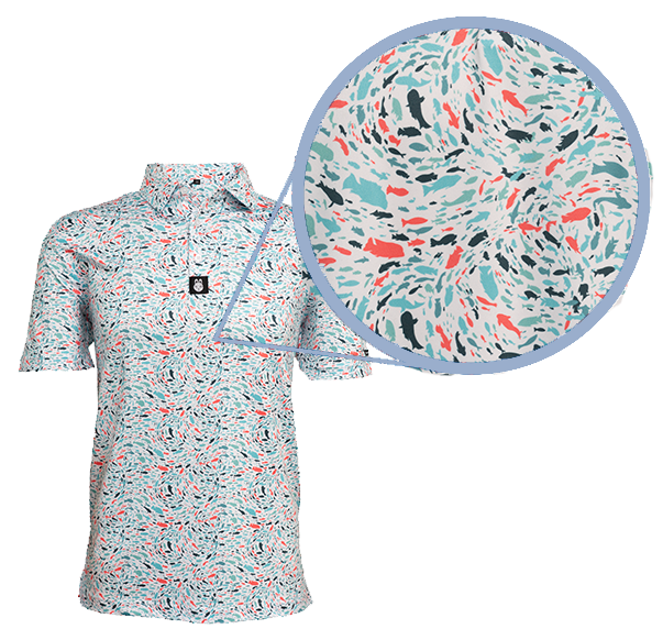 Close-up of fish-themed print on golf polo, highlighting detailed aquatic design and smooth, moisture-wicking performance fabric.