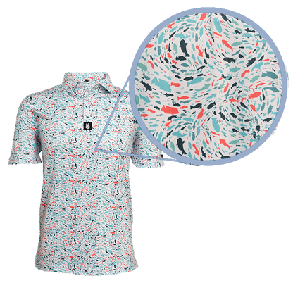 Close-up of fish-themed print on golf polo, highlighting detailed aquatic design and smooth, moisture-wicking performance fabric.