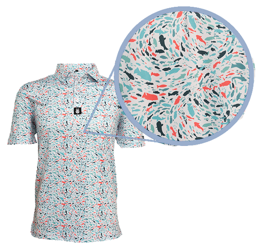 Close-up of fish-themed print on golf polo, highlighting detailed aquatic design and smooth, moisture-wicking performance fabric.