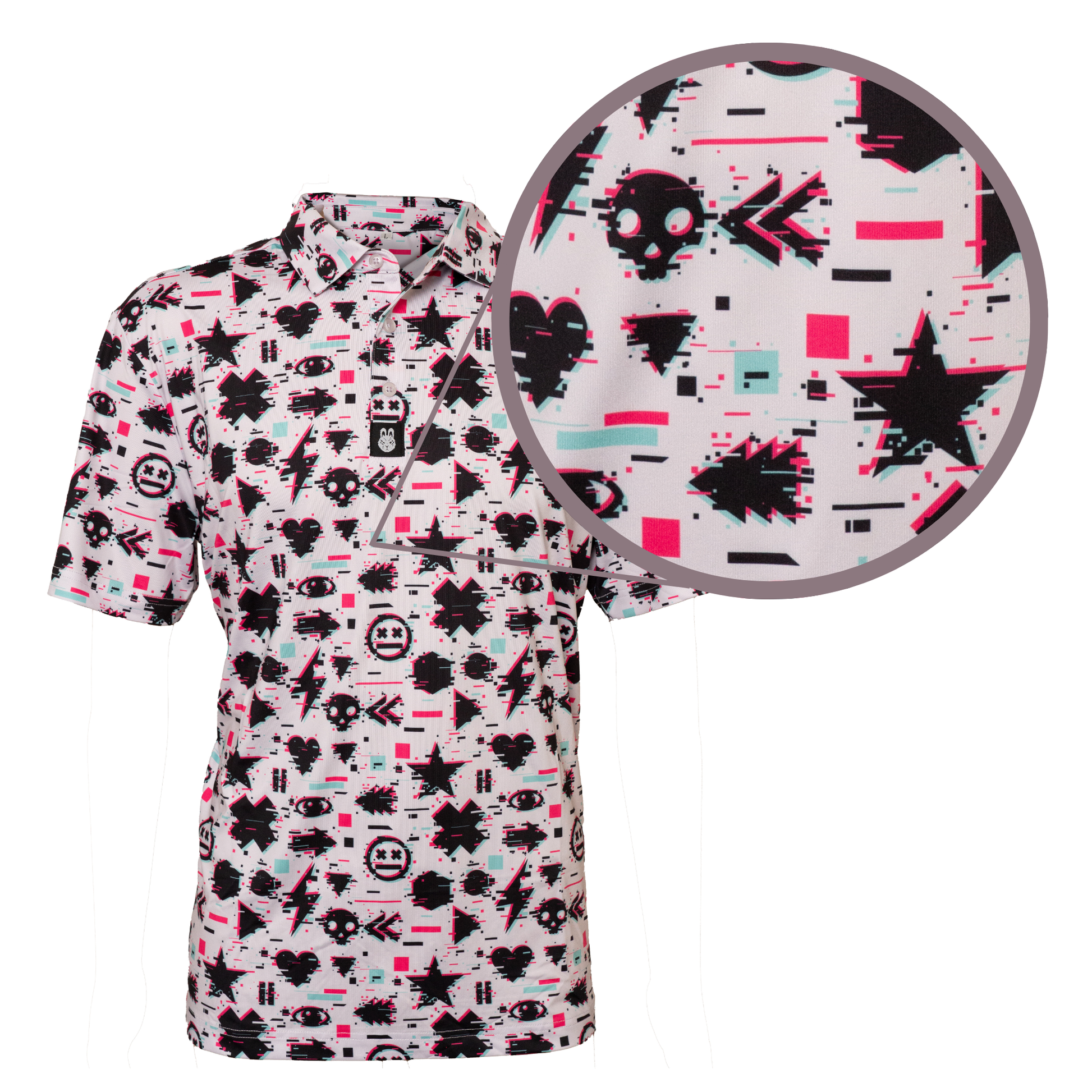 Close-up of the fabric of Game Over Man men’s golf polo – lightweight, breathable fabric designed for comfort and flexibility on and off the golf course.