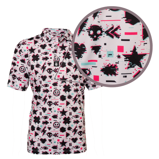 Close-up of the fabric of Game Over Man men’s golf polo – lightweight, breathable fabric designed for comfort and flexibility on and off the golf course.