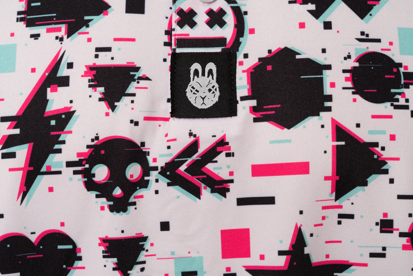 Close-up of Game Over Man men’s golf polo – detailed video game-inspired graphic on the chest with vibrant colors, made with moisture-wicking fabric for comfort.