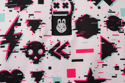 Close-up of Game Over Man men’s golf polo – detailed video game-inspired graphic on the chest with vibrant colors, made with moisture-wicking fabric for comfort.