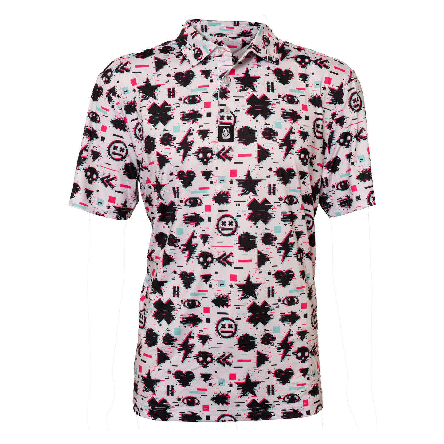Front view of Game Over Man men’s golf polo – video game-inspired design with bold graphics and lightweight, breathable fabric perfect for the golf course.