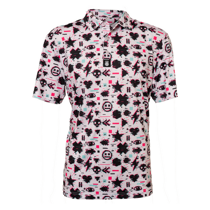 Front view of Game Over Man men’s golf polo – video game-inspired design with bold graphics and lightweight, breathable fabric perfect for the golf course.