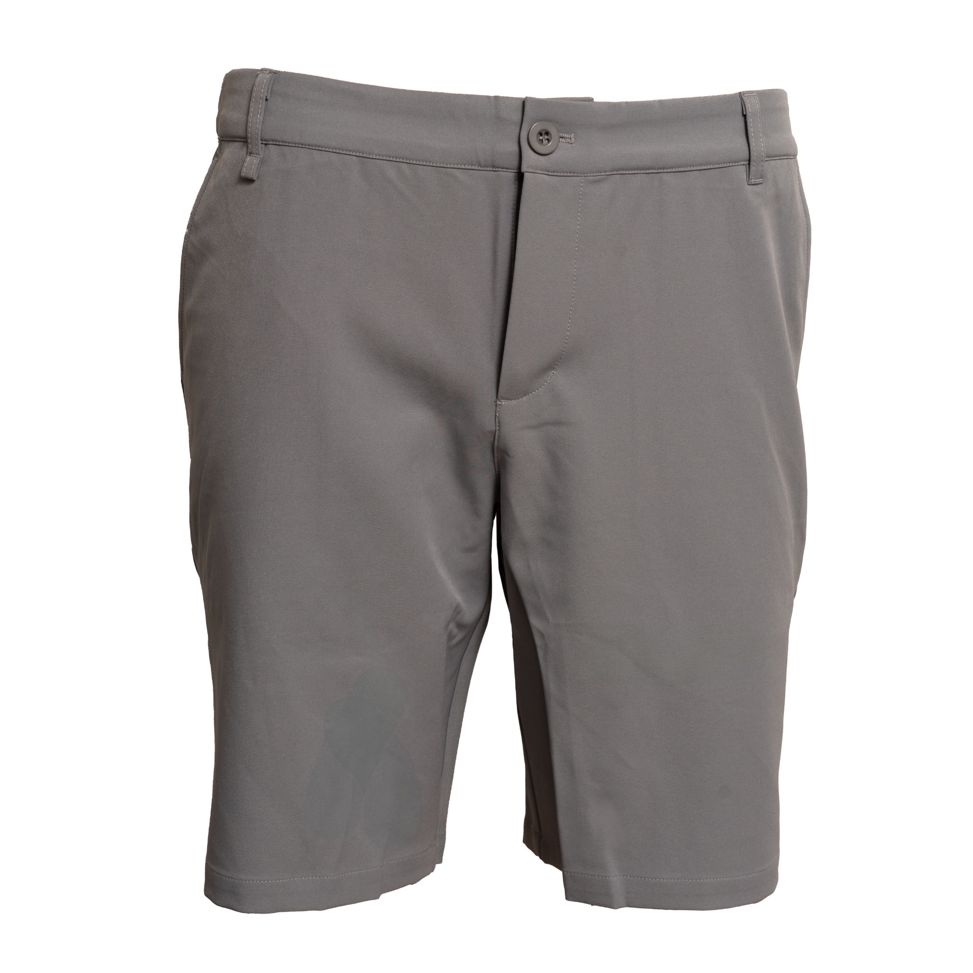 Front view of The Fairway Fog men’s golf shorts – sleek gray design with lightweight, breathable fabric made for comfort and mobility on the course.