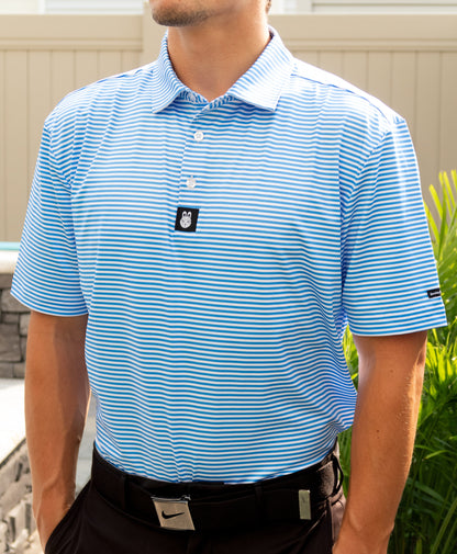Man wearing The Captain Ron men’s golf polo tucked in, showcasing a clean, nautical golf style