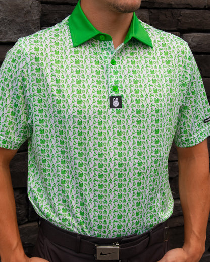 Alternate front angle of the Birds & Bogeys Philadelphia golf polo by Foresome Golf Co. showing collar detail.