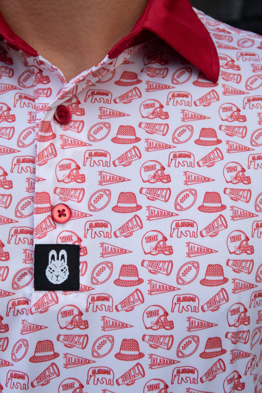 Close-up of the Saturdays in Tuscaloosa Alabama inspired golf polo by Foresome Golf Co. showing texture and color.