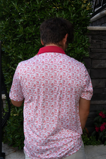 Back view of the Saturdays in Tuscaloosa Alabama inspired men’s golf polo by Foresome Golf Co. showing full design.