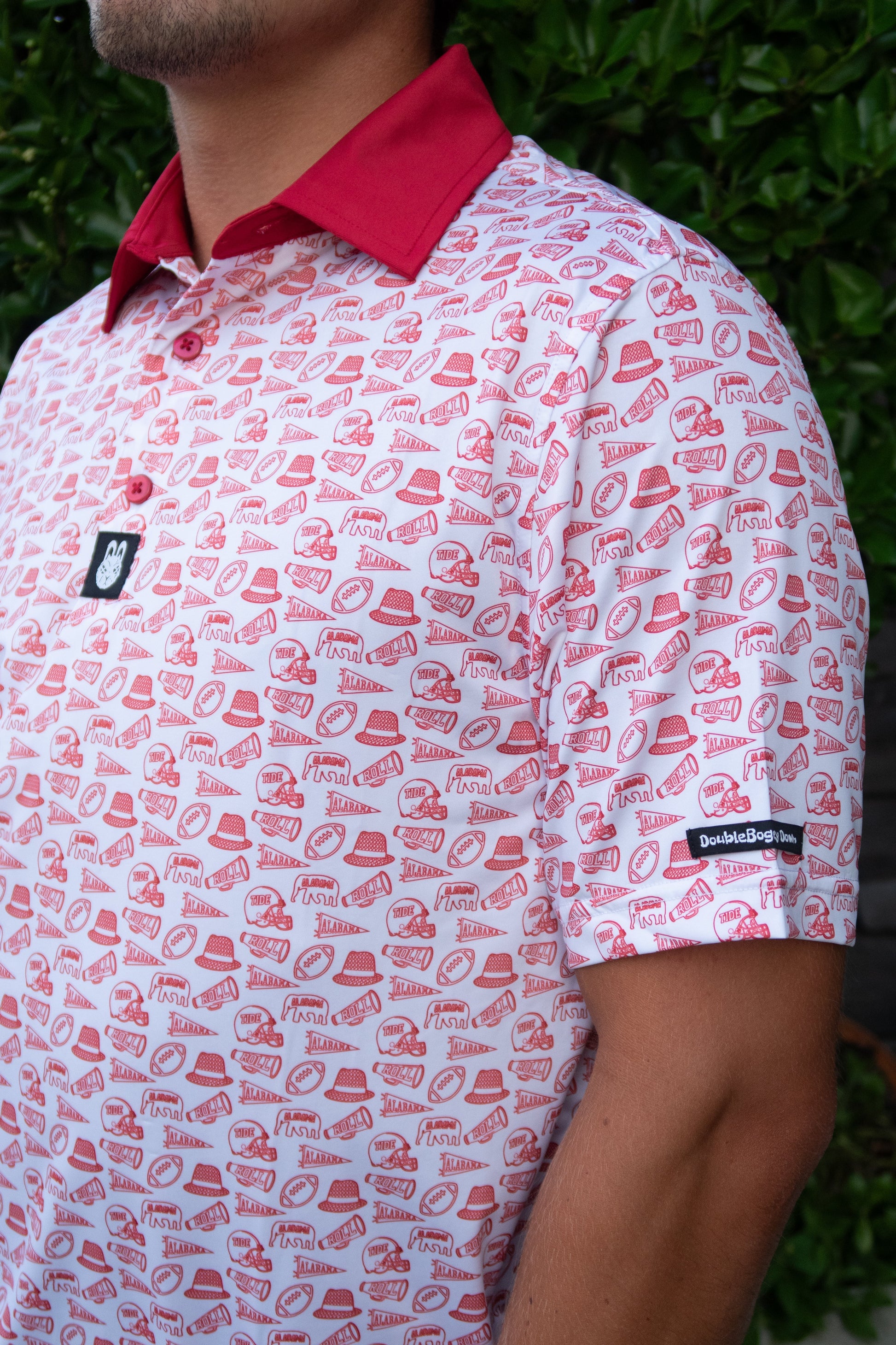 Alternate front view of the Saturdays in Tuscaloosa Alabama golf polo by Foresome Golf Co. showing collar and logo.