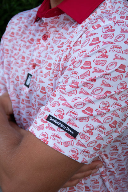Side view of the Saturdays in Tuscaloosa Alabama men’s golf polo by Foresome Golf Co. showing fit and sleeve detail.