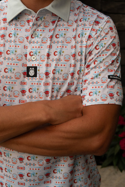 Alternate front view of the Second City Swing Chicago golf polo by Foresome Golf Co. showing collar detail.