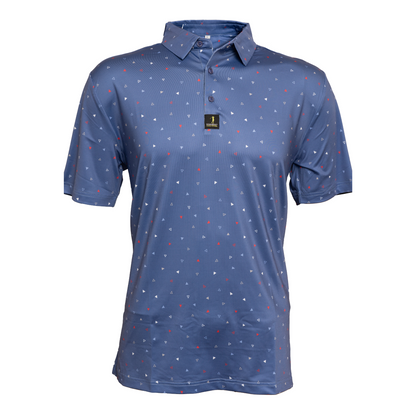 Front view of Merica Men’s Golf Polo – patriotic design with breathable, lightweight fabric, perfect for performance on the golf course and casual wear.